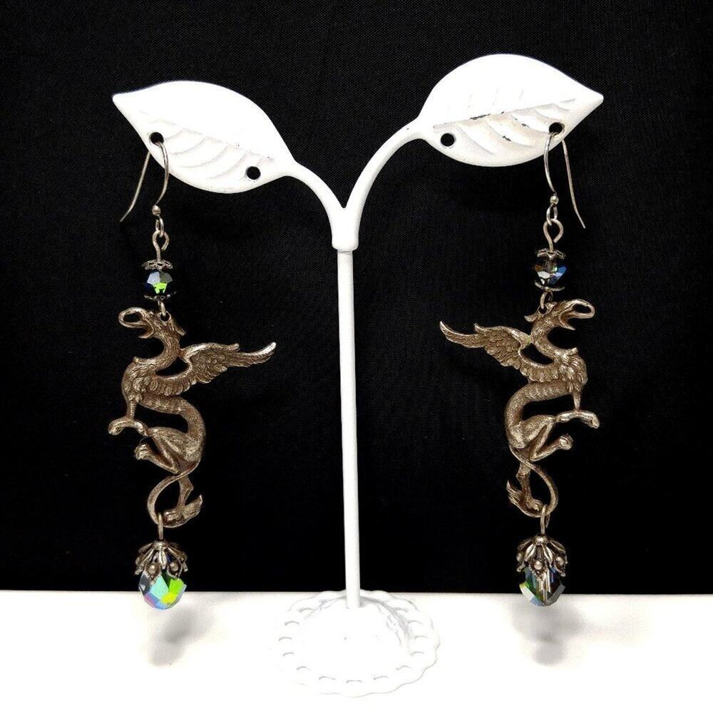 Vintage Dragon Silver Tone Long Earrings, Aurora Borealis Crystal Beads 1970s
